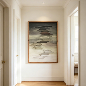 Cuadro de arte contemporáneo pintado a mano con motivos horizontales de listones de madera escalonados para decoración de interiores - Product Image 1
