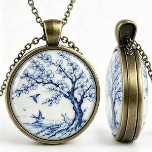 จี้ทองเหลืองทรงกลมพร้อมสร้อยคอสะสมลายต้นไม้ดอกไม้สีฟ้าชุบทอง - Product Image 3