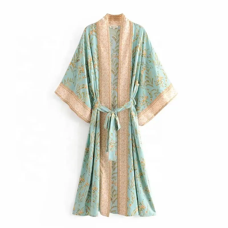 Kimono cardigan casual con scollo a v in morbido tessuto di rayon con stampa floreale verde espediente personalizzato OEM