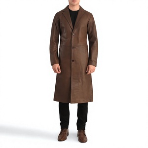 <b>Men's</b> Genuine <b>Leather</b> Eco-Friendly Breathable Waterproof Mandarin Collar Double Breasted <b>Long</b> Winter Overcoat Filled 320g Button - Product Image 4