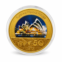 Pièce de monnaie 2026 de l'Opéra de Sydney, ensemble vue cinq angles, impression couleur sur fer plaqué or avec étui