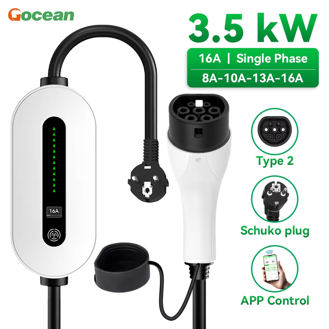 16A 3.5KW Smart Portable Ev Charger Type1/Type 2 /GBT Portable Ev Charger for Electric Car With 5 Ev Charger Plug