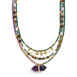 Collier en pierre naturelle style vacances à la mer - Choker perlé en malachite et améthyste pour femme - Product Image 3