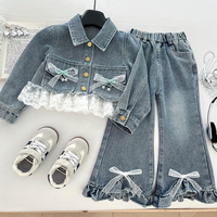 Ensemble de vêtements en jean pour filles tendance, veste courte à dentelle et pantalon évasé, tenue 2 pièces, nœud perlé, costume en jean Conjunto