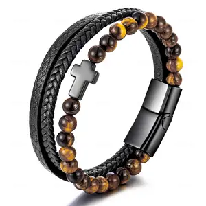 Stainless steel tiger eye agate cross men's multi-layer woven leather bracelet