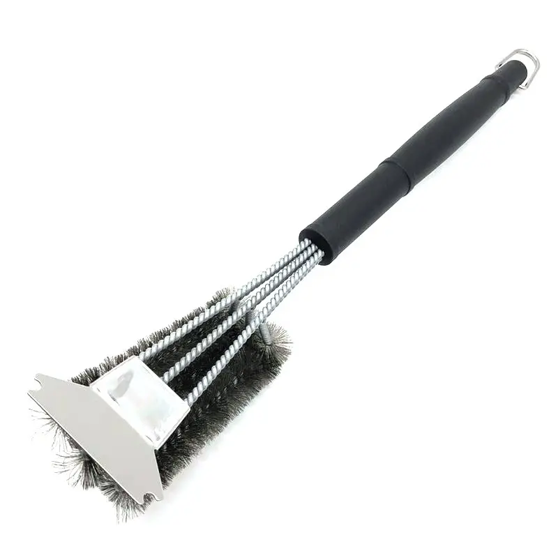 Factory direct supply three-head stainless steel barbecue brush with scraper wire brush barbecue cleaning brush BBQ tools