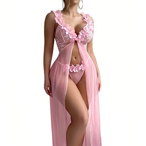 Ensemble de lingerie féminine sexy et douce, comprenant nuisette, robe de chambre, robe à bretelles, string dos nu, en dentelle à col en V, couleur unie - Product Image 4