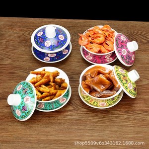 Juego de Tazones Retro de Melamina con Tapas, 6 Piezas, Bandeja de Madera, Diseño Floral, Duradero, para Fiestas - Product Image 3