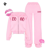 L801173 Ensemble Deux Pièces Vêtements Femme Automne Streetwear Y2K Survêtement Appliqué en Tissu Éponge Jogging Court à Capuche Rayé