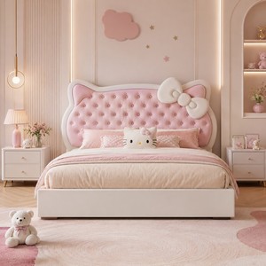 <span class=keywords><strong>Cama</strong></span> de Almacenamiento Tapizada Rosa Princesa con Cabecero Acolchado con Lazo, Estructura con Elevación Hidráulica, <span class=keywords><strong>Cama</strong></span> para Dormitorio de Niñas, OEM ODM, Venta al por Mayor - Product Image 1