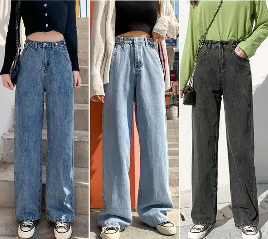 Quần Jeans Cạp Cao Cho Nữ, Quần Denim Ống Rộng Thời Trang Đường Phố Cổ Điển Màu Xanh Phong Cách Harajuku