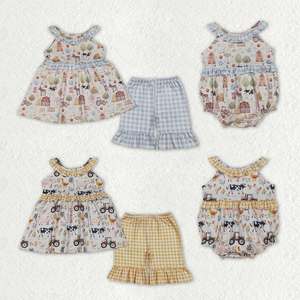 Sister Matching Baby Girls Pigs Cows Tunic Checked Ruffle Short <b>Farm</b> Clothes <b>Set</b> Rompers - Product Image 1