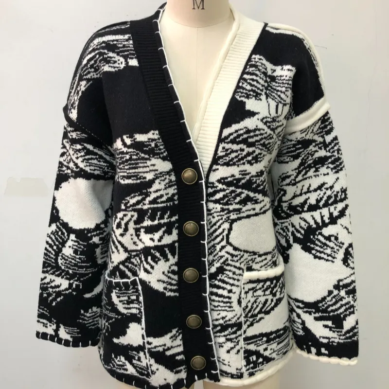 Cardigan à motif jacquard de bonne qualité pulls pour femmes col en V couleur contractuelle pull gauche et droit hiver