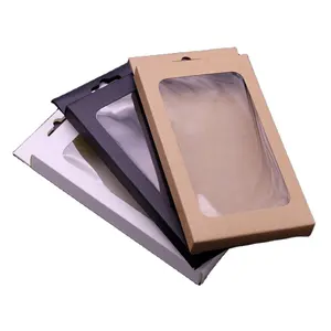 Personalizado personalizado tela protetor telefone caso embalagem kraft caixa com gancho buraco e janela