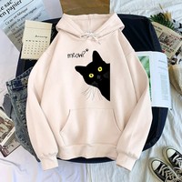 Maßgefertigter Herbst-Winter Hochwertiger Süßer Schwarzer Katzen-Print Übergroßer Schwergewichts-Damen-Hoodie