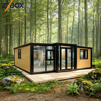 Maison conteneur extensible en bois brun avec cadre noir et façade vitrée préfabriquée # 1 Vendeur mondial Livraison en 10 jours ADU Cabin
