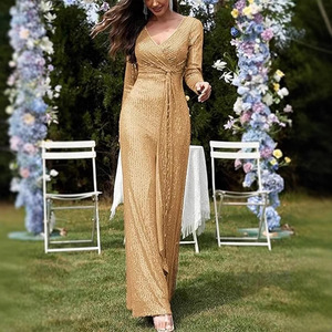 Robe de soirée sirène à sequins à manches longues et col en V avec design à nouer pour femme - Product Image 3