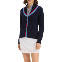 Großhandel Custom Langarm V-Ausschnitt Marineblau Button up Unisex Varsity Intarsia Baumwolle Damen Strickjacke