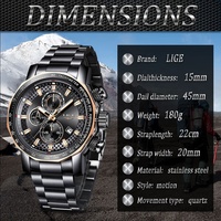 Montre LIGE LG9902 en or pour homme, montre de sport de luxe en acier inoxydable, mouvement à quartz, calendrier automatique, dernière mode, Elite+ Box