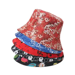 2024 Hot Selling New Japanese Summer Beach Blue Red Travel Sea Wave Print Flat Top Two Sides Reversible Bucket Cap Fisherman Hat