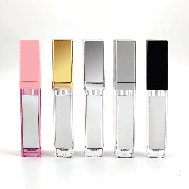 C - Hot sale 7ml matte black gold silver private square LED lipgloss containers led lip gloss tube with mirror wholesale
