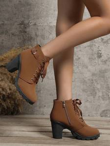 <span class=keywords><strong>Bottines</strong></span> à talon épais personnalisées pour femmes, <span class=keywords><strong>bottines</strong></span> en cuir PU à lacets avec fermeture éclair latérale et boucle, vente en gros OEM, bout rond - Product Image 5