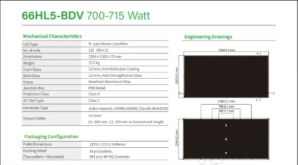 Jinko Solar Tiger Neo 66HL5-BDV 700-715 Watt Bifacial Module