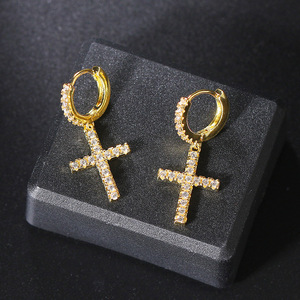 ¡Novedad de 2025! Pendientes colgantes chapados en joyería de Hip Hop, pendientes de aro con Cruz de circonita cúbica Micro pavé - Product Image 5