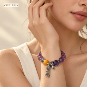 Purple Gemstone Round <b>Beaded</b> <b>Bracelet</b> with Yellow Accent Bead and Metal Tassel - Product Image 2