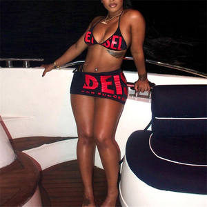 Set Bikini Pantai Musim Panas Motif Huruf Hitam 3 Potong Set Rok Seksi Pakaian Klub Wanita 2025 Baju Renang - Product Image 3