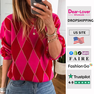 Suéter Casual <span class=keywords><strong>de</strong></span> Punto <span class=keywords><strong>para</strong></span> <span class=keywords><strong>Mujer</strong></span>, Diseño <span class=keywords><strong>de</strong></span> Rombo con Purpurina Rojo Rosa <span class=keywords><strong>de</strong></span> San Valentín, Moda Chic al por Mayor Dear-Lover - Product Image 1