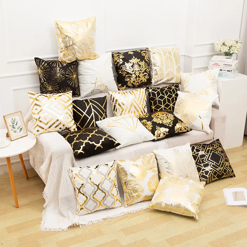 white and gold throw pillow covers square short velvet gold foil cushion cover geometrical pillow case for Sofa couch bed