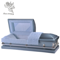 Cercueil funéraire en métal de style européen, avec intérieur en satin blanc, revêtement matelassé à grille et ferrures d'angle à motifs roulés, vente en gros