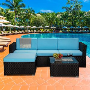 Conjunto de muebles de mimbre acolchados para Patio, sofá seccional exterior, color azul, 5 piezas - Product Image 2