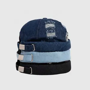 MIO fornitori personalizzati berretti senza tesa berretto da baseball cappello hip hop con foro in denim cappellini docker senza tesa retrò cappello con polsino arrotolato cappello da porto