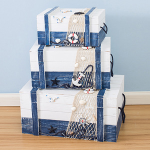 Mediterranean Style Distressed Wood Storage <b>Box</b> 3-Piece Set Blue White Rectangle <b>Pine</b> Toy Organizer Living Room Decor - Product Image 2