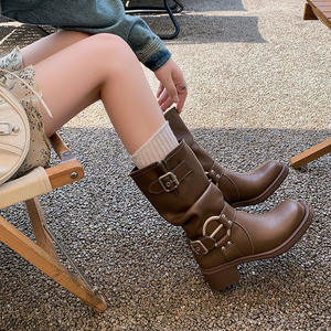 Botas altas de tacón medio para mujer, estilo <span class=keywords><strong>caballero</strong></span> occidental europeo y americano, con suela de goma para todas las estaciones, tipo sandalia. - Product Image 3