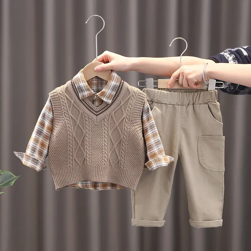 Rompi Sweater rajut anak laki-laki, setelan tiga potong baju kotak-kotak lengan panjang Korea lucu