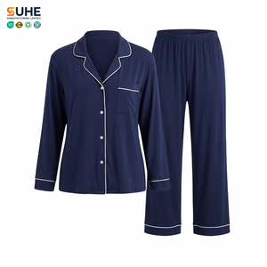 Ensemble de pyjama thermique d'été pour femme SUHE en modal et élasthanne, haut à manches longues boutonné, pantalon large avec passepoil contrastant, OEM ODM - Product Image 1