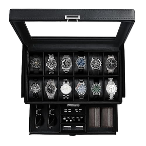 Caja Organizadora de Relojes Negra de Lujo con Tapa de Cristal Transparente, 12 Ranuras para Relojes, Almacenamiento en Cajón para Gafas, Joyas y Colección de Relojes - Product Image 1