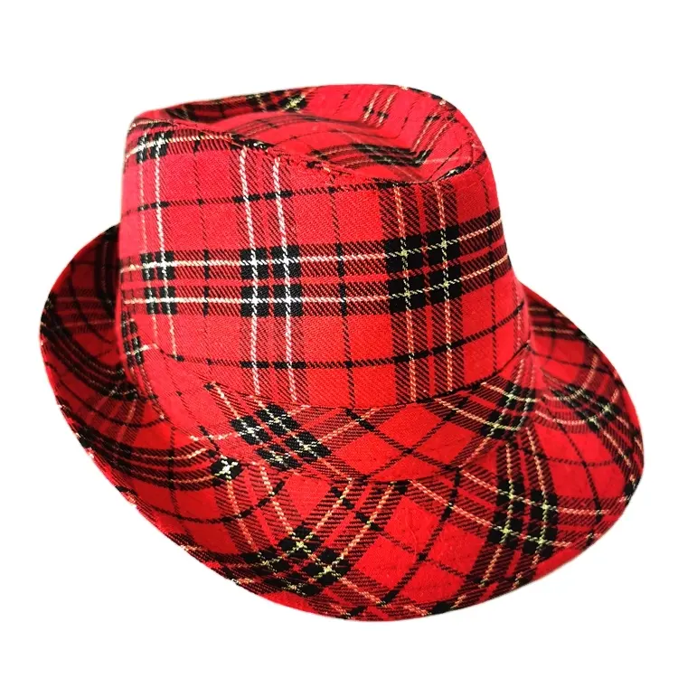 Haiwin Party Günstiger Preis Frohe Weihnachten Red Plaid Fabric Party Fedora Hut für Erwachsene