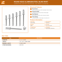 Rivets à percussion anti-tintinement en aluminium de 3,2 mm, 4,0 mm, 4,8 mm avec mandrin en acier pour carrosserie automobile et remorque – Fabrication spécialisée