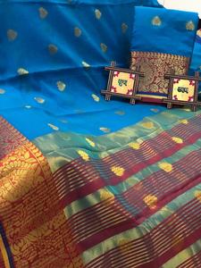 Vêtement de Saree (pêche) en soie de coton à la mode auto-conçu - Product Image 5