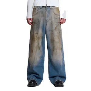 Custom Mud Wash Colossus Jeans Baggy Jeans for Men Old Vintage Color match Wide-leg Pants Trend Street Skate For Big Boy Men