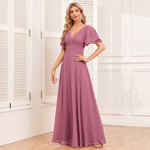 Elegante Vestido de Fiesta de Gasa con Corte en A para Mujer, Cuello en V, Manga Corta, Decoración de Encaje, Vestido Brillante de Dama de Honor para Otoño - Product Image 2