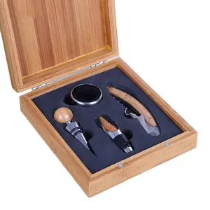 Manufacturer 4pcs Premium Wine Gift Set, Unique Wine Bottle Opener Corkscrew Bamboo Business Gift Sets For Wine Accessories