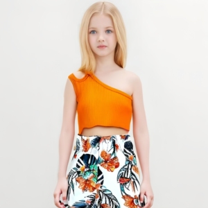 OEM ODM OBM Girls Casual <strong>Clothing</strong> Sets <strong>2</strong> Piece Orange Printed Top Floral Style <strong>for</strong> 8 to 9 <strong>Years</strong> <strong>Old</strong> in Spring - Product Image 1