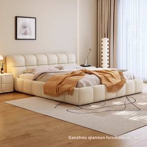 Modern Ins Cream Style Wedding Bed Popular Fabric Puff Double King Bed for Master Bedroom Simple Wooden Frame - Product Image 2