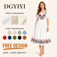 Robe décontractée pour femme, col carré, manches bouffantes, broderie florale, robe midi, coton 220GSM, coupe trapèze, logo personnalisé, OEM, robe décontractée
