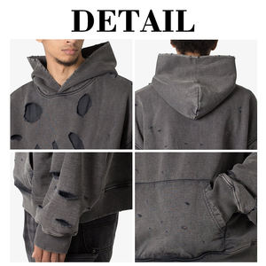 Sweat à capuche vintage déchiré en molleton 100 % coton pour homme, style streetwear délavé à l'acide, design hip-hop - Product Image 6